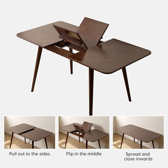 39’’-55’’ 100% Oak Extendable Dining Table and Bench Set, Solid Wood Folding Kitchen Table, Mid Century Modern Dinner Table for Kitchen, Apartment, Living Room (39''-55'' + 1 Bench)