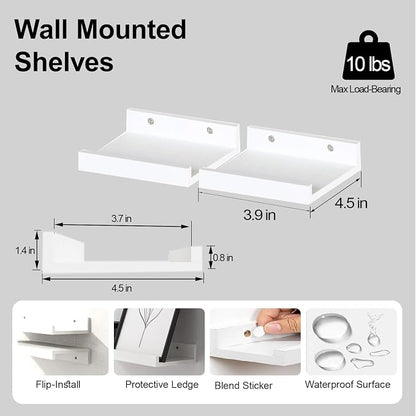Small White Floating Shelves for Wall Decor, Wall Mounted Wood Shelf for Bedroom, Living Room, Bathroom, Kitchen, Nursery, Mini Display Ledge Shelf with Lip Set of 2-4 Inches, White