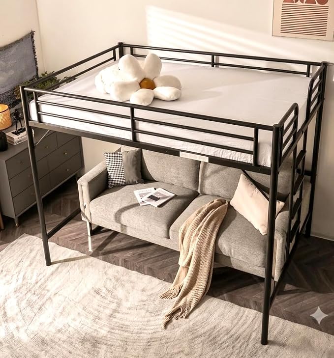 VINGLI Loft Bed Full Size with Flat Rungs for Adults, Kids and Young Teens, No Box Spring Needed,Heavy Duty Metal Slat Support,Black