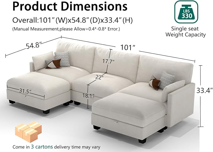 Modular Sectional Small U Shaped Sofa Couches for Living Room, Cloud Couch with Storage Ottoman, Comfy Chenille Sofa with Pillow, Beige