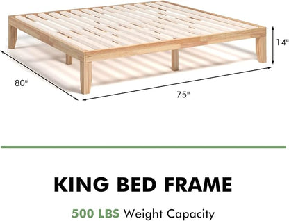 COSTWAY King Size Platform Bed Frame, 14 Inches Solid Rubber Wood Bed Mattress Foundation with Sturdy Slats Support, Easy Assembly Bed Frame for Home Hotel, No Box Spring Needed (Natural, King)