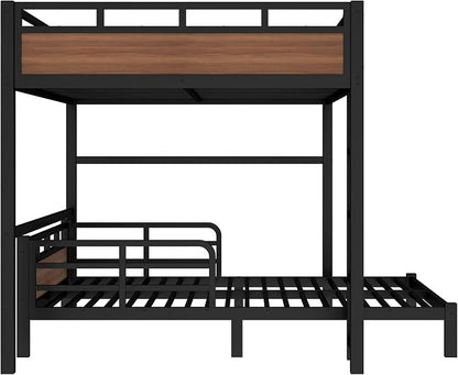 Queen Over Queen Metal Bunk Bed, Heavy Duty Convertible Bunk Bed Frame with Headboard & Full Guardrails, Can Be Split into Two Platform Beds or Loft Bed,Walnut