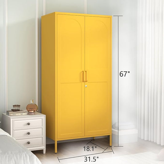 Lockable Metal Wardrobe Closet with Doors, 67" Coat Closet,Metal Storage Cabinet Locker with Removable Hanging Rod And Adjustable Shelves for Home Bedroom Office Yellow Size：67" H X 31.5" W X 18.1" D