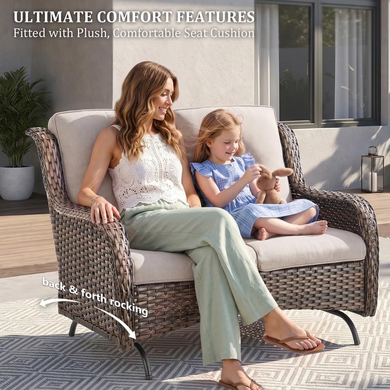 Outdoor Wicker Glider Loveseat, Porch Glider 2 Seater Couch, Brown/Beige