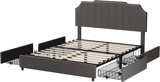 VECELO Queen Bed Frame with 4 Storage Drawers & Upholstered Platform &Tufted Adjustable Headboard/Mattress Foundation/Wood Slat Support,Easy Assembly,Dark Grey