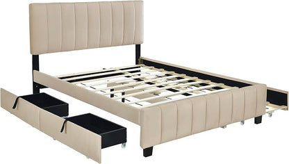 Ball & Cast Queen Size Bed Frame with 2 Drawers and 1 Twin XL Trundle,Velvet Upholstered Platform Bed with Channel Tufted Headboard,Wood Slats Support,No Box Spring Needed,Beige