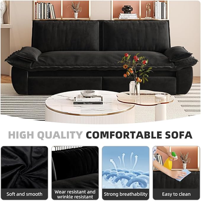 73.2" Sleeper Sofa Bed Queen, 3-in-1 Convertible Couch, Modern Pull Out Couches, Comfy Velvet Futon Sofa, Cloud Loveseat Lounge, Pillow Arm, for Small Spaces, Apartment, Living Room, Black