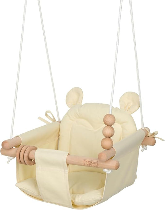 Monkey & Mouse Baby Swing, Pale Yellow Indoor Outdoor Portable Hanging Chair, Infant & Toddler Kids 6 Months - 4 Years, Cotton Canvas & Beech Wood Frame, Sensory Hammock Boy & Girl Seat w/Wooden Toys