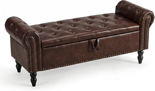 Furniliving 51” End of Bed Storage Bench, Bedroom Bench with Button-Tufted, Upholstered Storage Ottoman Benches Window Bench with Storage, Leather Bench for Living Room, Entryway, PU, BlackBrown