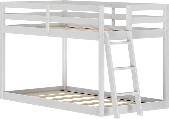 Grain & Grove Bear Twin Over Twin Bunk Bed, Low Bunk Bed Frame for Kids, Bunk with Ladder, Guardrail, and Slats, No Box Spring Required, Brushed White