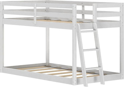 Grain & Grove Bear Twin Over Twin Bunk Bed, Low Bunk Bed Frame for Kids, Bunk with Ladder, Guardrail, and Slats, No Box Spring Required, Brushed White