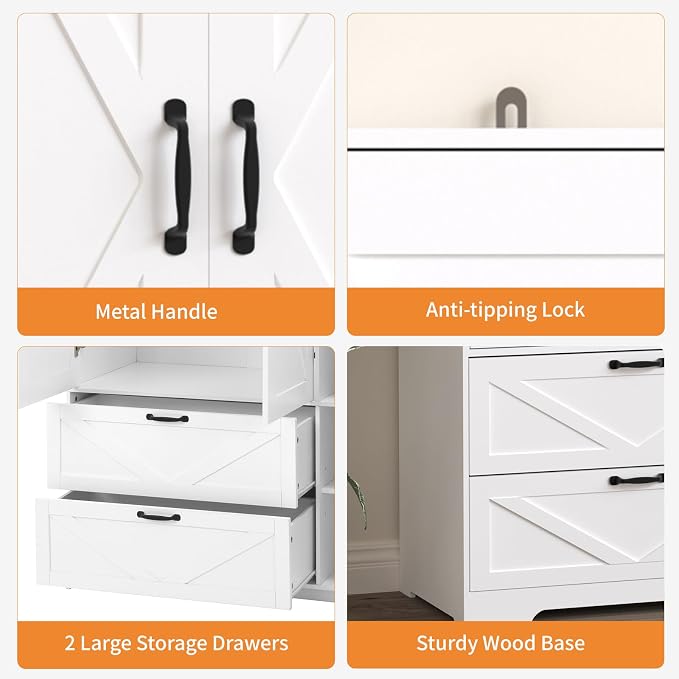 Armoire Wardrobe Closet with 3 Door, Bedroom Armoire with Mirror, LED Light, Hanging Rod, Drawers,Adjustable Shelves,Large Capacity Closet for Bedroom,47.2L,White