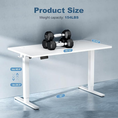 DUMOS 55 Inch Electric Standing Desk Height Adjustable, Sit to Stand Computer Workstations Large Work PC Table Home Office Writing Gaming Desks with Memory Presets for Walking Pad, Bedroom, White