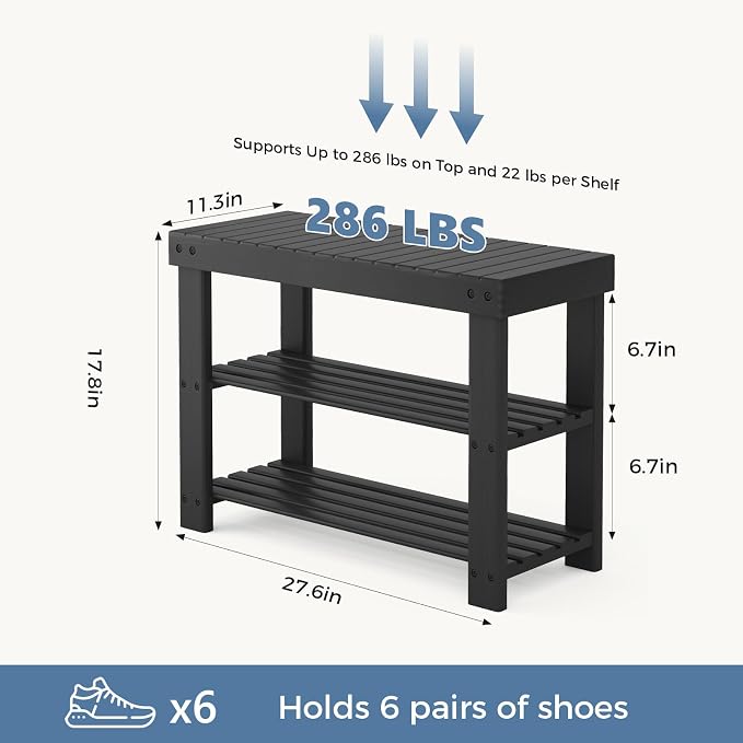 DUMOS Wooden Shoe Rack Bench with Storage, 3-Tier Bamboo Entryway Benches, Shoe Rack Holds Up to 286 lb Storage Organizer, 11.3 x 27.6 x 18 Inches, Suitable for Bedroom Living Room Balcony, Black