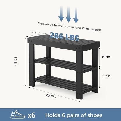 DUMOS Wooden Shoe Rack Bench with Storage, 3-Tier Bamboo Entryway Benches, Shoe Rack Holds Up to 286 lb Storage Organizer, 11.3 x 27.6 x 18 Inches, Suitable for Bedroom Living Room Balcony, Black