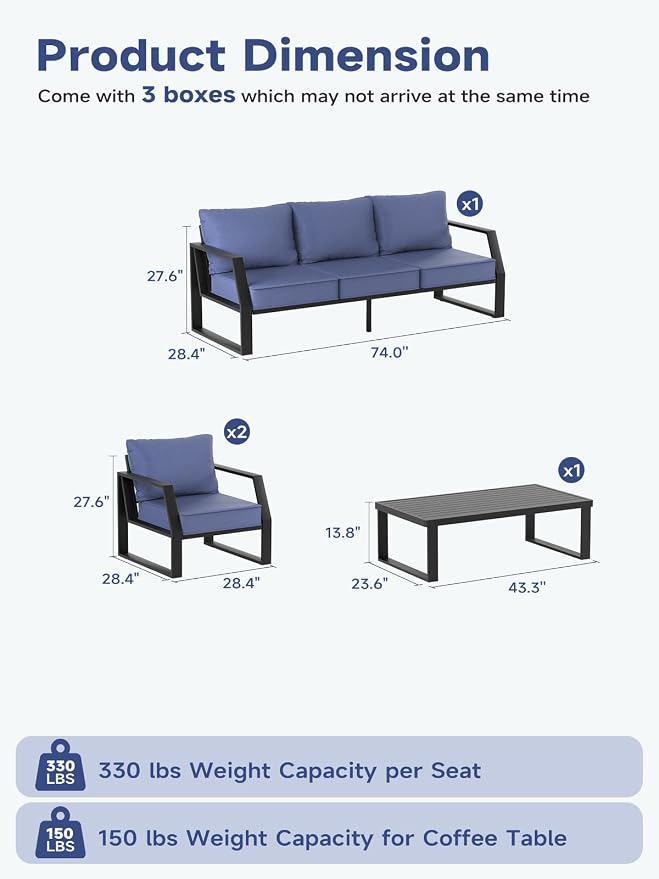 Oversized Modern Outdoor Patio Furniture Set with 5" Thick Cushions, Deep Seats & Wide Armrests, Comfortable Aluminum All-Weather Rustproof UV-Resistant Frame, 5-Seater for Garden, Backyard, Poolside