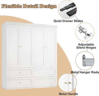 Armoire Wardrobe Closet with Drawers: 74 Inch Tall 4 Door Armoire Wardrobe Closet with 4 Drawers, Wood Modern Wardrobes Cabinet for Bedroom (White)