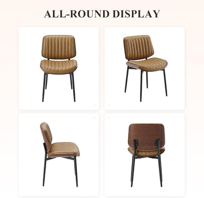 MALOL Leather Dining Chairs Set of 2, Modern Upholstered Dining Room Kitchen Chairs with Metal Legs and Wooden Back Support for Home Dining Room/Restaurant, Light Brown