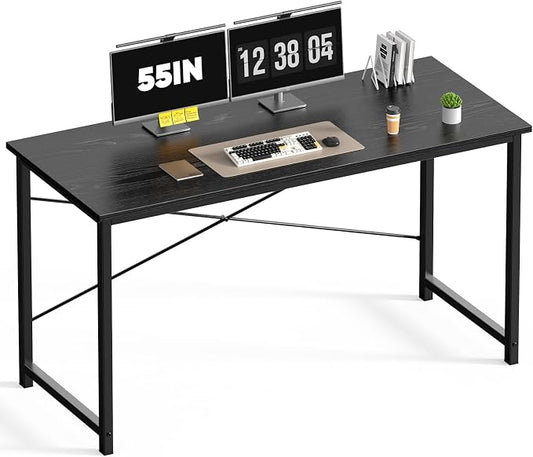 DUMOS 55 Inch Computer Desk for Home Office, Modern Study Work Table Simple Style for Bedroom Small Space, Large Writing Desks with X-Shaped Reinforcement, Black