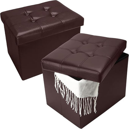 Bsketa 2PC Storage Ottoman, Folding Foot Stool with Thicker Foam Padded Seat Small Leather Storage Ottoman Bench Foot Rest for Living Room Foldable Coffee Table 17x13x13in,Brown