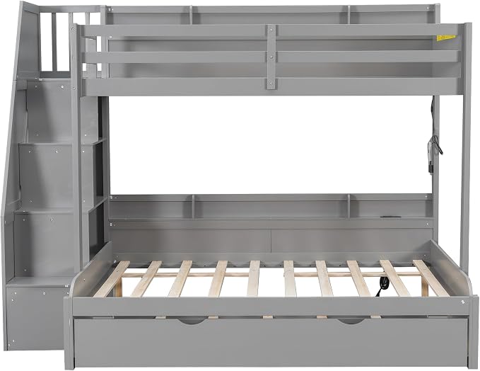 Twin Over Full Bunk Bed with Storage Staircase and Trundle,Storage Shelves, LED and USB,for Kids Teens Adults Bedroom Use (Grey-USB, Twin Over Full)