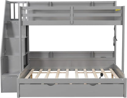 Twin Over Full Bunk Bed with Storage Staircase and Trundle,Storage Shelves, LED and USB,for Kids Teens Adults Bedroom Use (Grey-USB, Twin Over Full)