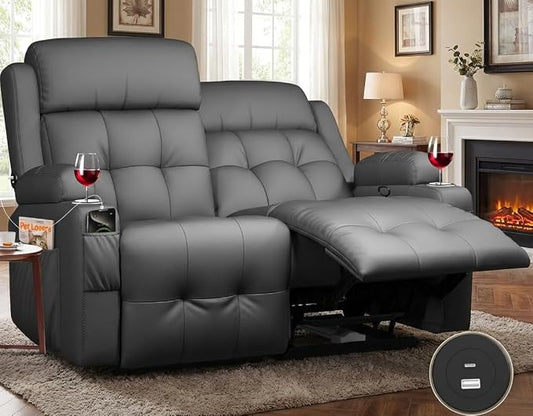 Reclining Loveseat, Wall-Hugger Loveseat Recliner Design with USB/Type C Charging & Storage & Cupholder, Pebble-Weave Fabric Recliner Sofa Couch for Living Room, Home Theater & RV Use