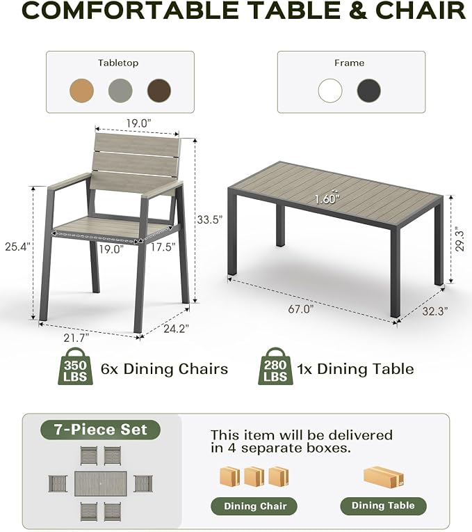 Vexwalx Outdoor Dining Chairs Set of 2, HDPS + Aluminum Patio Dining Chairs with Ergonomic Design and Wide Seat, 2 Piece Outdoor Chairs for Garden, Backyard, Deck (Gray)
