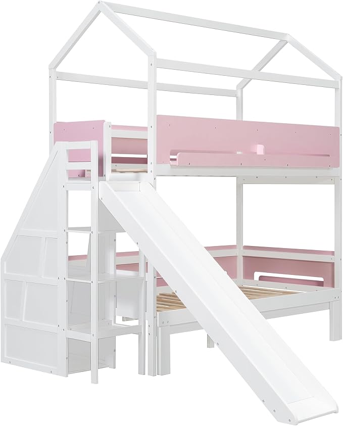 Harper & Bright Designs House Bunk Bed with Slide and Bookshelf, Twin Over Full Bunk Bed with Trundle and Stairs for Kids Teens Juniors, Space Saving, No Box Spring Needed, White+Pink