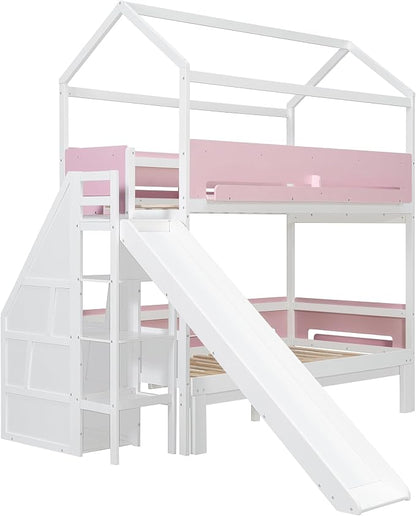 Harper & Bright Designs House Bunk Bed with Slide and Bookshelf, Twin Over Full Bunk Bed with Trundle and Stairs for Kids Teens Juniors, Space Saving, No Box Spring Needed, White+Pink