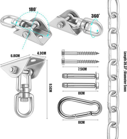Hammock Hanging Kit, Hanging Chair Hardware with Chain 1000 lb Capacity Hammock Hooks, Heavy Duty Porch Swing Hanger, 360 Swivel Ceiling Hooks Snap for Chair, Seat, Yoga, Punching Bag, Gym (Silver)