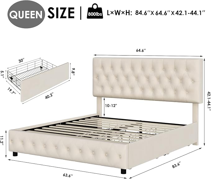 Keyluv Modern Upholstered Bed Frame with 4 Storage Drawers, Button Tufted Headboard Design, Solid Wooden Slat Support, Easy Assembly, Soft Velvet, Beige, Queen Size