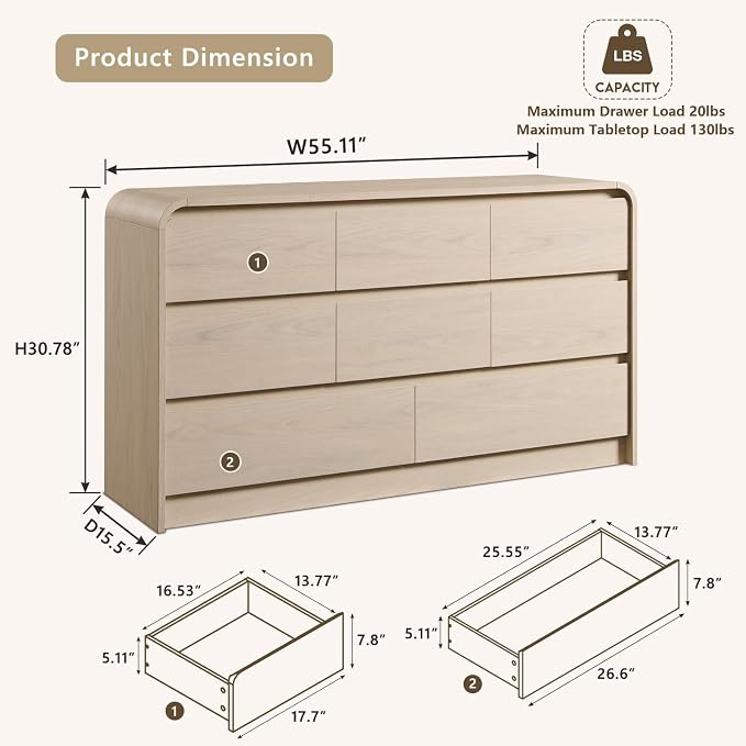 Aitjunz Modern 8 Drawers Dresser for Bedroom, 55" Wide Wood Dressers, Cream | Wooden Dressers & Chest of Drawers with Curved Profile Design, Mid Century Storage Dressers Organizer with Handleless Design