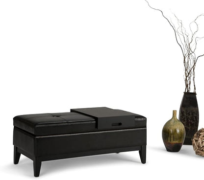 SIMPLIHOME Oregon Storage Ottoman Bench with Tray - 42 inch Wide Upholstered Vegan Leather Rectangle Ottoman Bench in Midnight Black, Transitional Tufted Ottoman for Living Room with Lift-Up Lid