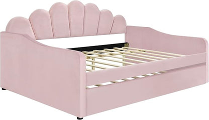 Ball & Cast Full Size Daybed with Trundle,Velvet Upholstered Day Bed Frame Full with Shall Shaped Backrest and Wood Slat Support,No Box Spring Needed,Pink