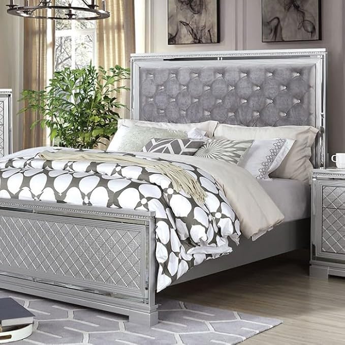 First of a Kind Queen Size Glam Bedroom Furniture 5 Piece Set in Silver - Button Tufted Headboard, Mirror Panels Crystal Acrylic, Storage Chest, Bed, Dresser, Mirror, Nightstand, Luxury Suite
