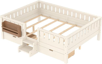 Bellemave Queen Size Kids Bed with high Rails and with Built-in Bookshelf and Drawers for Kids, Girls, Boys, Wood Montessori Bed Without Door, Beige