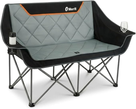 EMERIT Oversized Fully Padded Camping Chair, Heavy Duty 650LB Folding Camping Loveseat, Quad Fold Double Camping Couch with Cup Holders & Carry Bag for Outdoor, Lawn, Sports Events Black