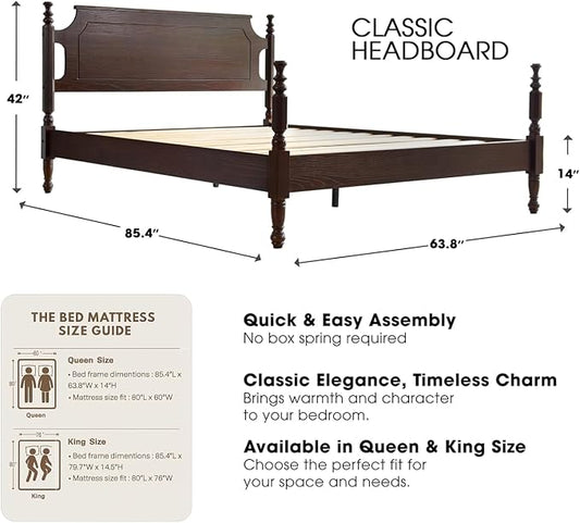 Solid Wood Queen Size Platform Bed Frame with Headboard & Footboard, Center Metal Legs, 12 Heavy-Duty Slats, Noise-Free, No Box Spring Needed, Easy Assembly, Dark Roast Oak Finish, ROQ-32