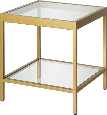 Henn&Hart 20" Wide Square Square Side Table in Brass, Table for Living Room, Bedroom | Two-tiered glass shelves with a metal frame, offering open display space for living rooms, offices, or bedrooms