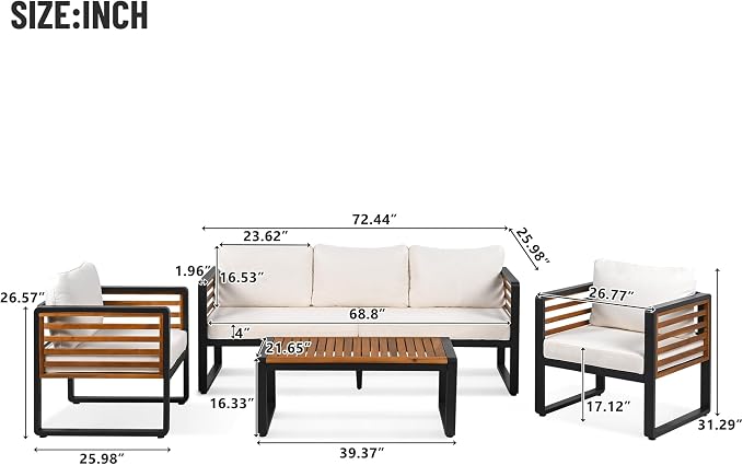 4-Pieces Outdoor Patio Sectional Sofa Set with Coffee Table, All-Weather 5 Person Conversation Set with Thick Cushions and Pillows for Garden Backyard Balcony, Acacia Wood Tabletop (Beige-N74)