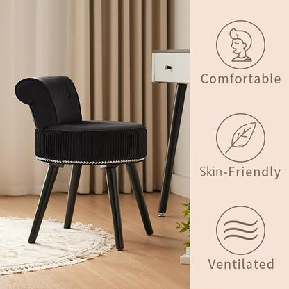 Small Vanity Chair with Back, Velvet Stool with Low Backrest & Silvery Nailhead Trim, Round Vanity Seat for Bedroom and Bathroom Makeup, Support 220lbs, Easy Assembly (Black)