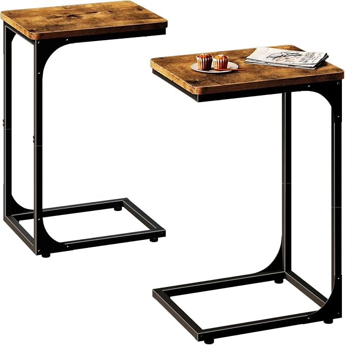 QEEIG C Shaped Side Table Set of 2 Living Room Sets Couch Tray Tables Small Farmhouse 11.8 inch Width, Rustic Brown (017A-30BN)