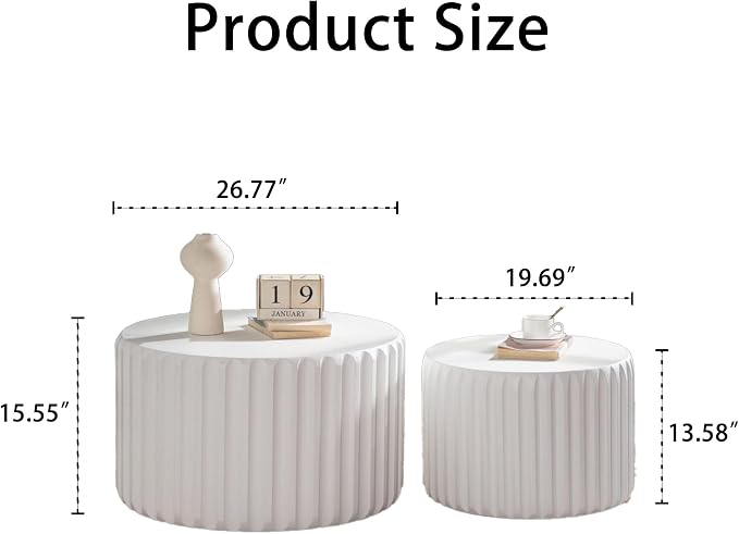 White Round Nesting Coffee Table Set of 2, Drum Side Table, Scalloped End Table witth Elegant Curved-Edge Shape, Circle Wooden Center Table for Living Room, Fully Assembled