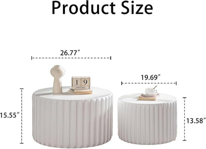 White Round Nesting Coffee Table Set of 2, Drum Side Table, Scalloped End Table witth Elegant Curved-Edge Shape, Circle Wooden Center Table for Living Room, Fully Assembled