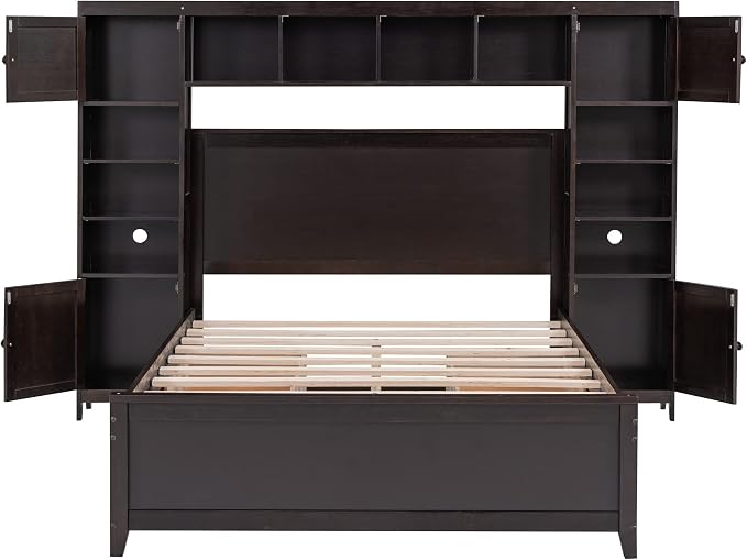 Merax Full Size Wooden Bed with All-in-One Cabinet and Shelf, White Modern Platform Bed Frame with 4 Storage Drawers for Bedroom and Apartment