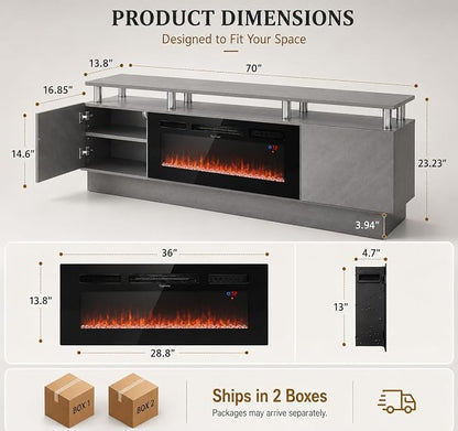 70" TV Stand for Living Room, Entertainment Center with Storage Cabinet, Fits TVs up to 80", Modern Media Console with Shelves, 36" Electric Fireplace (Grey+Black)