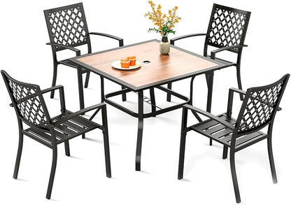 PHI VILLA 5 Pieces Outdoor Dining Set for 4, 37" Square Metal Table with Polywood Top & Stackable Wrought Iron Chairs, Outside Furniture for Patio, Deck, Porch, Backyard