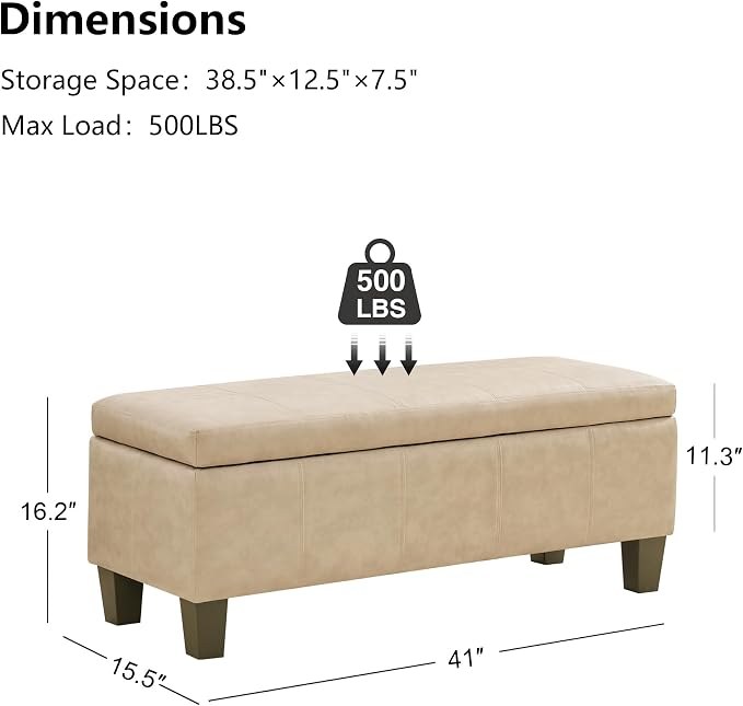 41" Storage Ottoman, Storage Bench with Safety Hinge, Upholstered Synthetic Leather Ottoman Bench for Bedroom, Living Room, Entryway, Hallway, Foot Rest, Support 500lbs