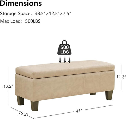 41" Storage Ottoman, Storage Bench with Safety Hinge, Upholstered Synthetic Leather Ottoman Bench for Bedroom, Living Room, Entryway, Hallway, Foot Rest, Support 500lbs